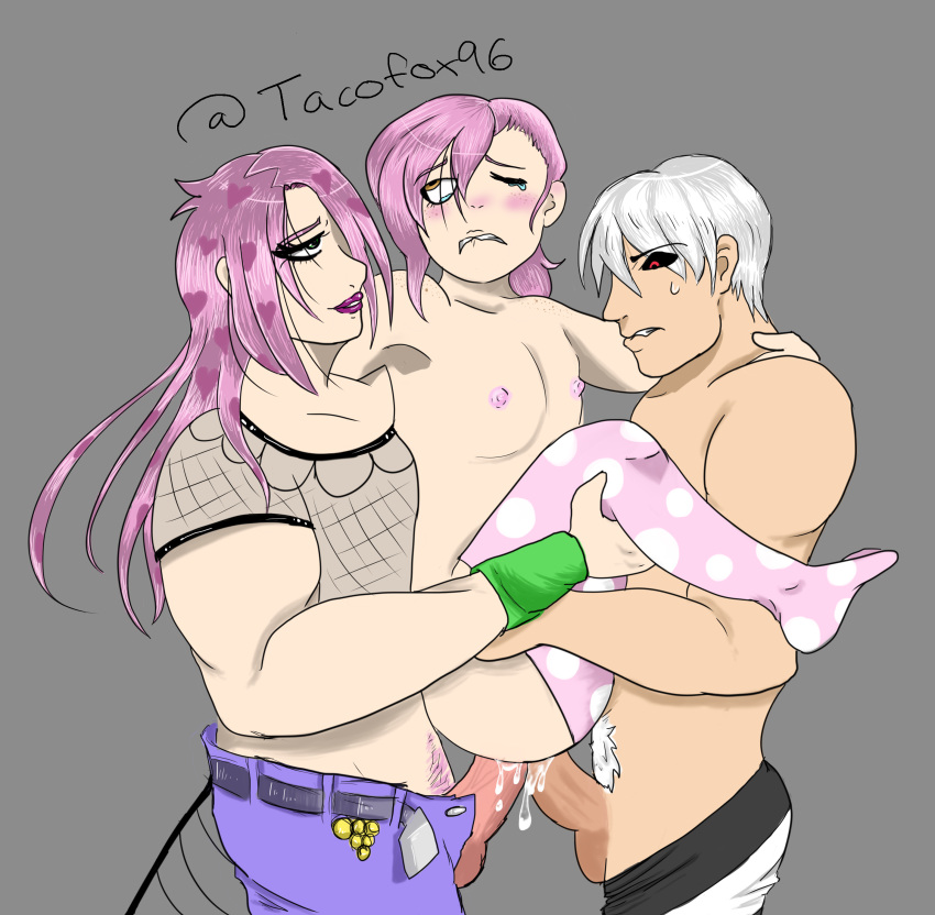 3boys anal anal_sex biting_lip biting_own_lip crying cum_in_ass diavolo double_anal double_penetration erect_nipples erection femboy fishnet_shirt gay jojo's_bizarre_adventure long_hair male_only one_eye_closed pants_down penis_size_difference pink_hair pink_nipples risotto_nero stand_and_carry_position tacofox96 tears thighhighs threesome vento_aureo vinegar_doppio white_hair yaoi