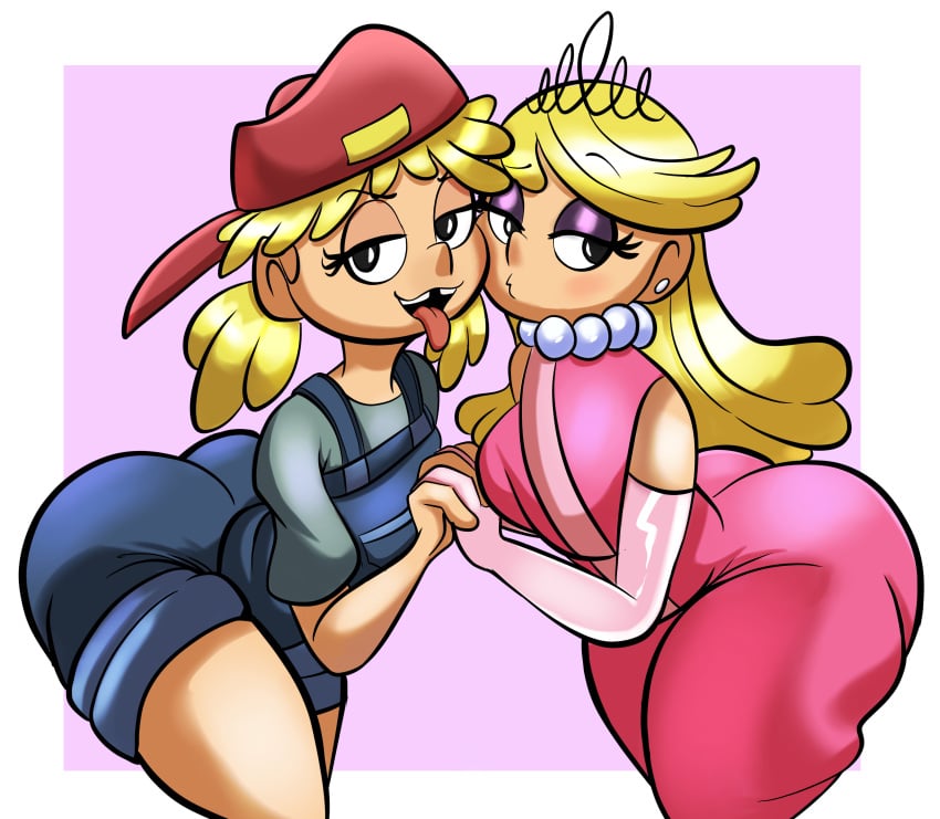 2girls age_difference aged_up ass ass_in_dress backwards_baseball_cap big_ass big_breasts black_eyes blonde_hair breasts clothing dress earrings elbow_gloves eyeshadow female female_only gloves gradient_background hat holding_hands jewelry lana_loud light-skinned_female lola_loud medium_hair missing_tooth nathanatwar necklace nickelodeon open_smile overalls pink_dress pink_gloves purple_eyeshadow red_hat shortstack sisters the_loud_house thighs tiara tomboy tongue tongue_out tooth_gap twins twintails whateverdoes