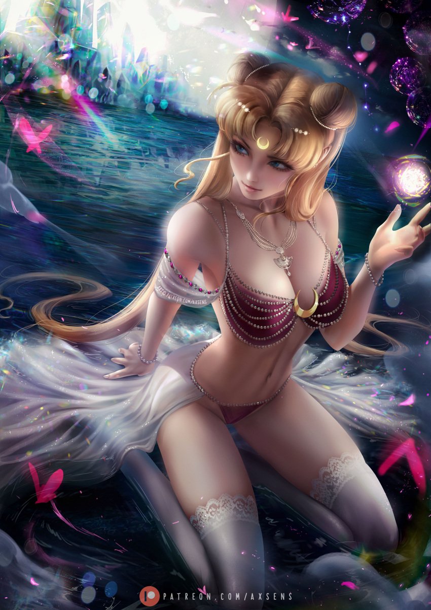 1girls axsens bishoujo_senshi_sailor_moon blonde_hair blue_eyes bra female female_only medium_breasts panties princess_serenity see_through solo stockings thighhighs thong usagi_tsukino