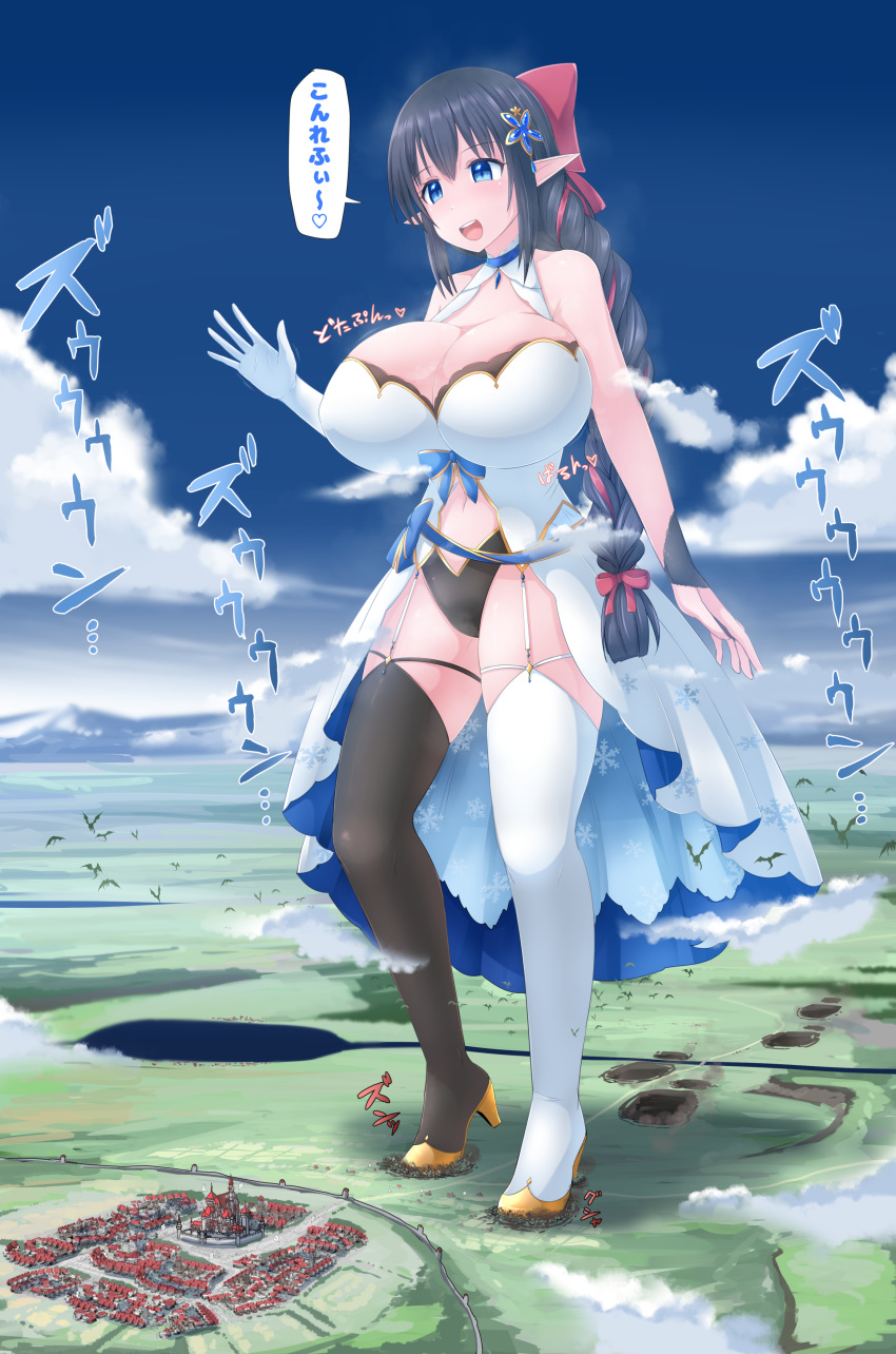 big_breasts breasts castle crush destruction elf elf_female female giantess giga_giantess imminent_crush light-skinned_female light_skin long_hair macro macro_female queen royalty solo solo_female stomp stomping teradaochiko town translation_request waving