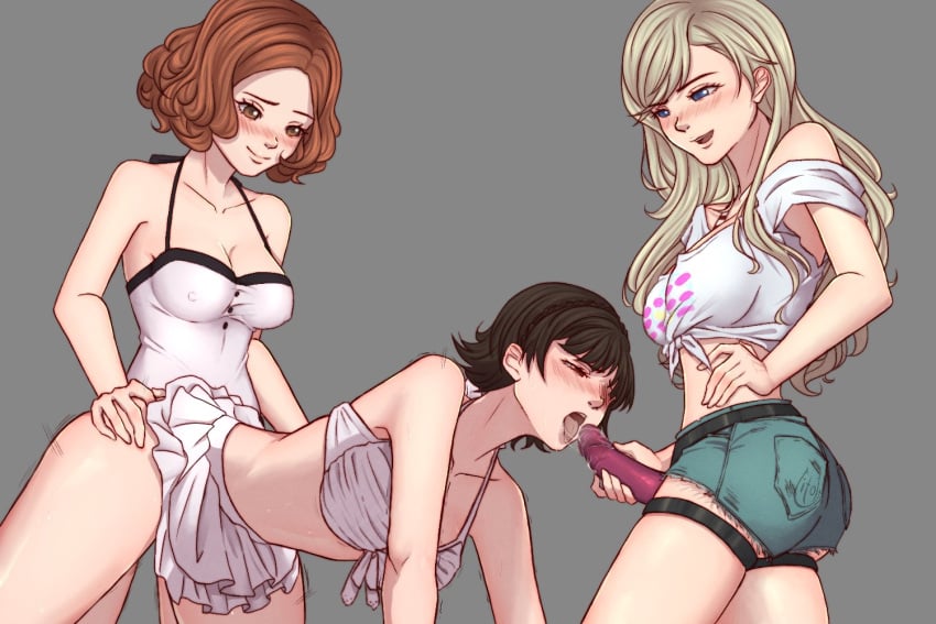 3girls ann_takamaki atlus big_breasts blonde_hair blush breasts brown_hair cleavage dildo doggy_style erect_nipples female female_only haru_okumura litoldebil long_hair makoto_niijima miniskirt multiple_girls nipples nipples_visible_through_clothing oral persona persona_5 persona_5_scramble:_the_phantom_strikers saliva short_hair shorts skirt spitroast strap-on strap-on_fellatio strap-on_over_clothes yuri