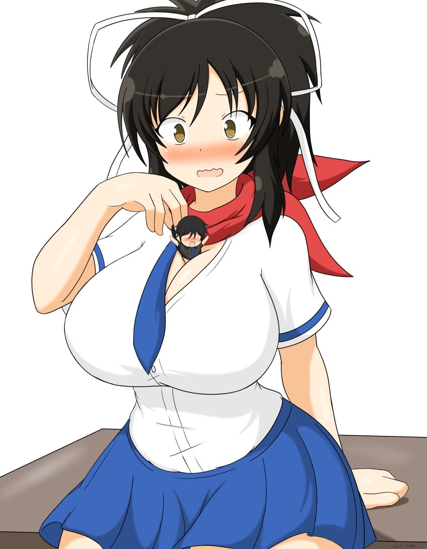 asuka_(senran_kagura) big_breasts black_hair brown_eyes brown_hair cleavage fully_clothed giantess hair_ribbon huge_breasts scarf school_uniform schoolgirl senran_kagura senran_kagura_(series) soulkibble