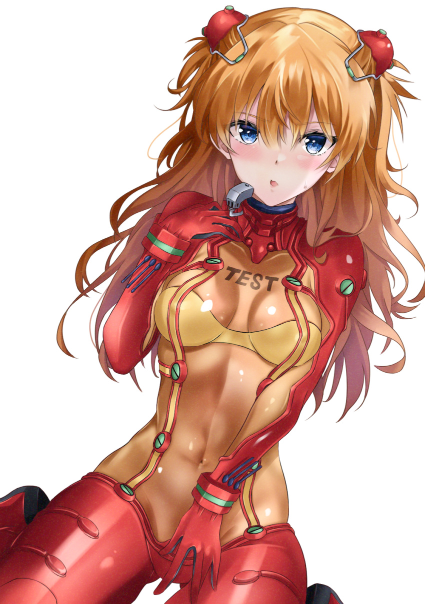 asuka_langley_sohryu blue_eyes blush bodysuit brown_hair clothing female highres interface_headset medium_breasts neon_genesis_evangelion plugsuit rebuild_of_evangelion red_bodysuit revealing_clothes shun skin_tight test_plugsuit twintails