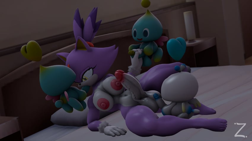 3d anthro blaze_the_cat breasts chao_(sonic) fellatio furry futanari gloves group group_sex handjob hero_chao lying male male_on_futa navel nipples open_mouth penis purple_body pussy sex smile sonic_(series) straight thick_thighs vaginal_penetration white_body zeniix98