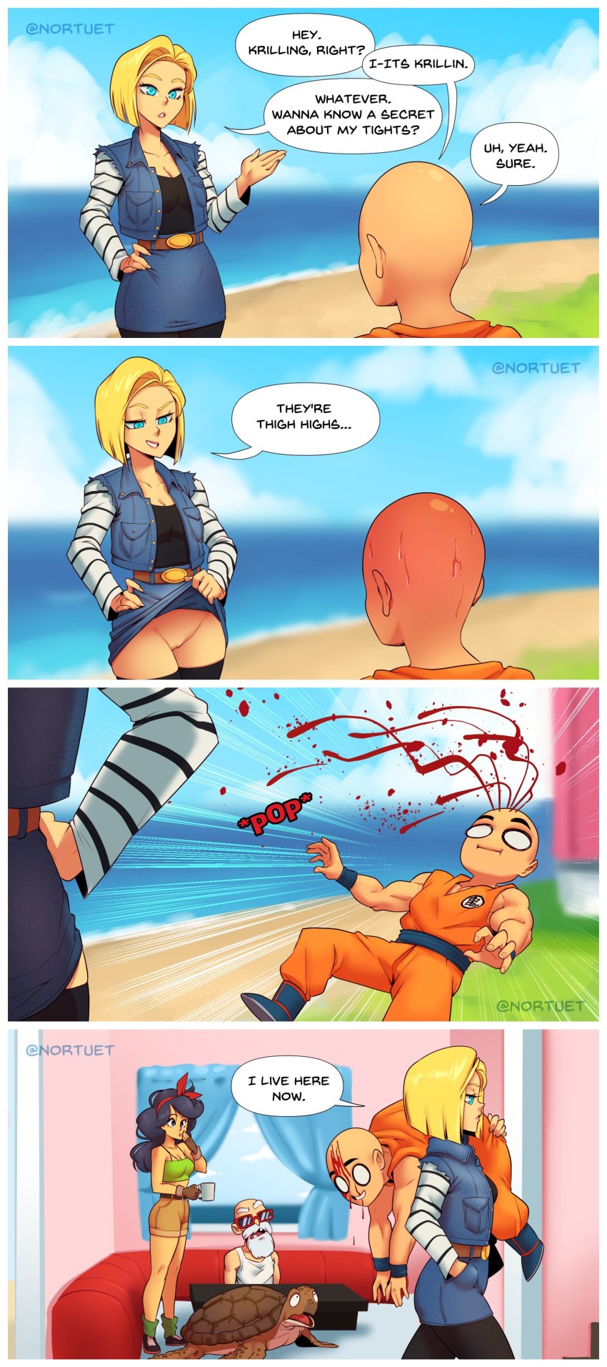 2boys 2girls 4koma android_18 big_breasts blonde_hair blood blue_eyes breasts cleavage clothed comic dragon_ball english english_text good_launch highres humor krillin kuririn launch long_hair lunch_(dragon_ball) master_roshi medium_breasts meme muscular muscular_male no_panties nortuet revealing_clothes revision shocked short_hair skirt_lift smile speech_bubble sweat text turtle_(dragon_ball) what white_hair wide_hips