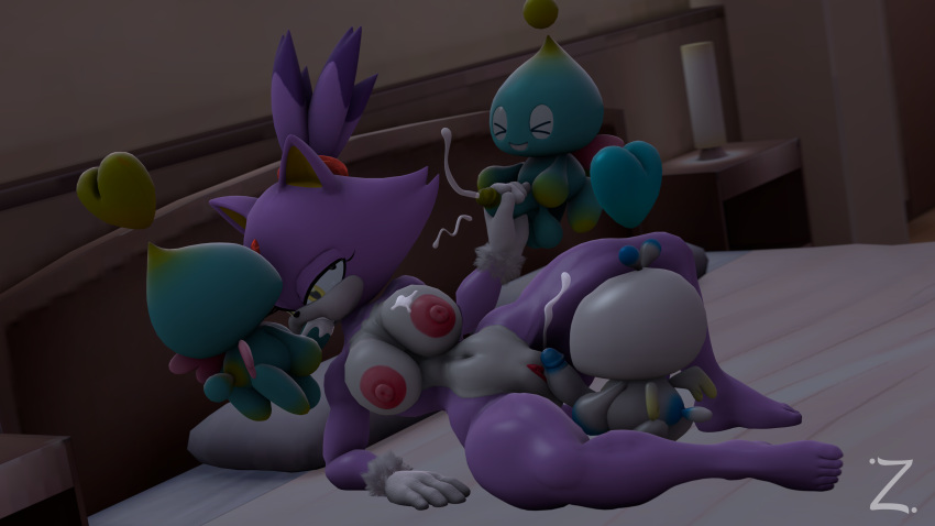 3d anthro blaze_the_cat breasts chao_(sonic) cum fellatio female gloves group group_sex handjob hero_chao lying male male/female navel nipples open_mouth penis purple_body pussy sex smile sonic_(series) straight thick_thighs vaginal_penetration white_body zeniix98