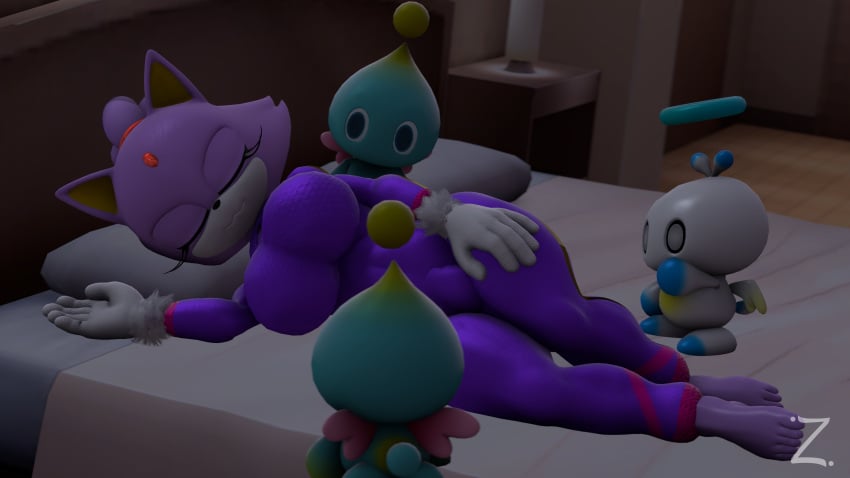 3d anthro blaze_the_cat breasts bulge chao_(sonic) closed_eyes domestic_cat forehead_jewel furry futanari gem hero_chao jumpsuit purple_body sleeping sonic_(series) thick_thighs white_body zeniix98