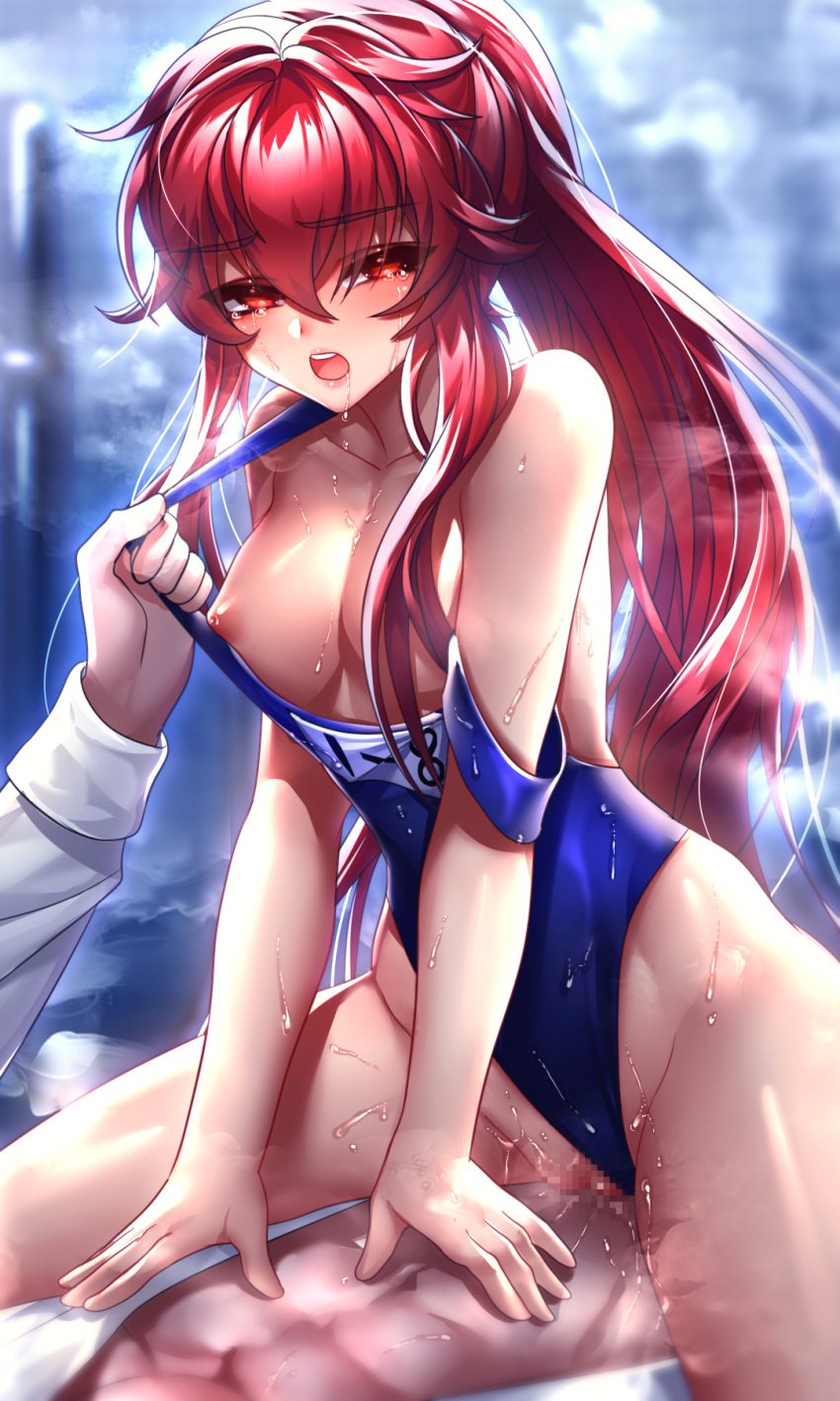 1boy bangs been blue_swimsuit breasts censored collarbone cowgirl_position dress_shirt drooling elesis_(elsword) elsword eyebrows_visible_through_hair female hair_between_eyes half-closed_eyes highleg highleg_swimsuit highres long_hair long_sleeves medium_breasts mosaic_censoring nipples off_shoulder one-piece_swimsuit open_clothes open_mouth open_shirt ponytail red_eyes red_hair sex shiny shiny_hair shirt straddling straight swimsuit swimsuit_aside swimsuit_pull vaginal_penetration very_long_hair wet white_shirt