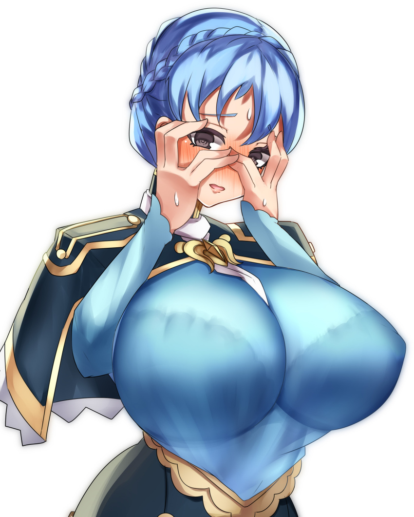 1girls blue_hair blush embarrassed fire_emblem fire_emblem:_three_houses huge_breasts marianne_von_edmund nintendo sweat tea_texiamato