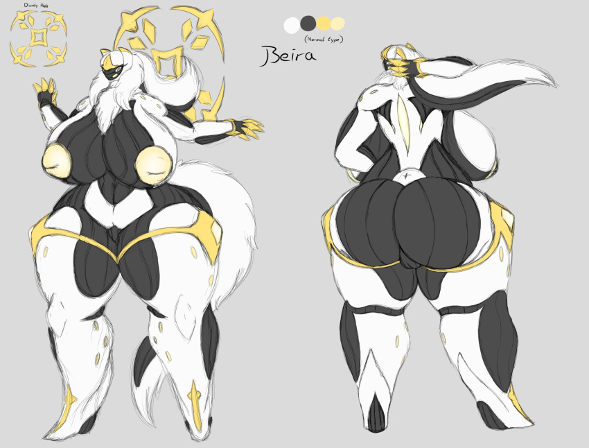 alphaandrenew anthro arceus big_breasts breasts female genitals hi_res inverted_nipples legendary_pokémon nintendo nipples nude pokémon_(species) pokemon pussy rear_view simple_background solo thick_thighs video_games