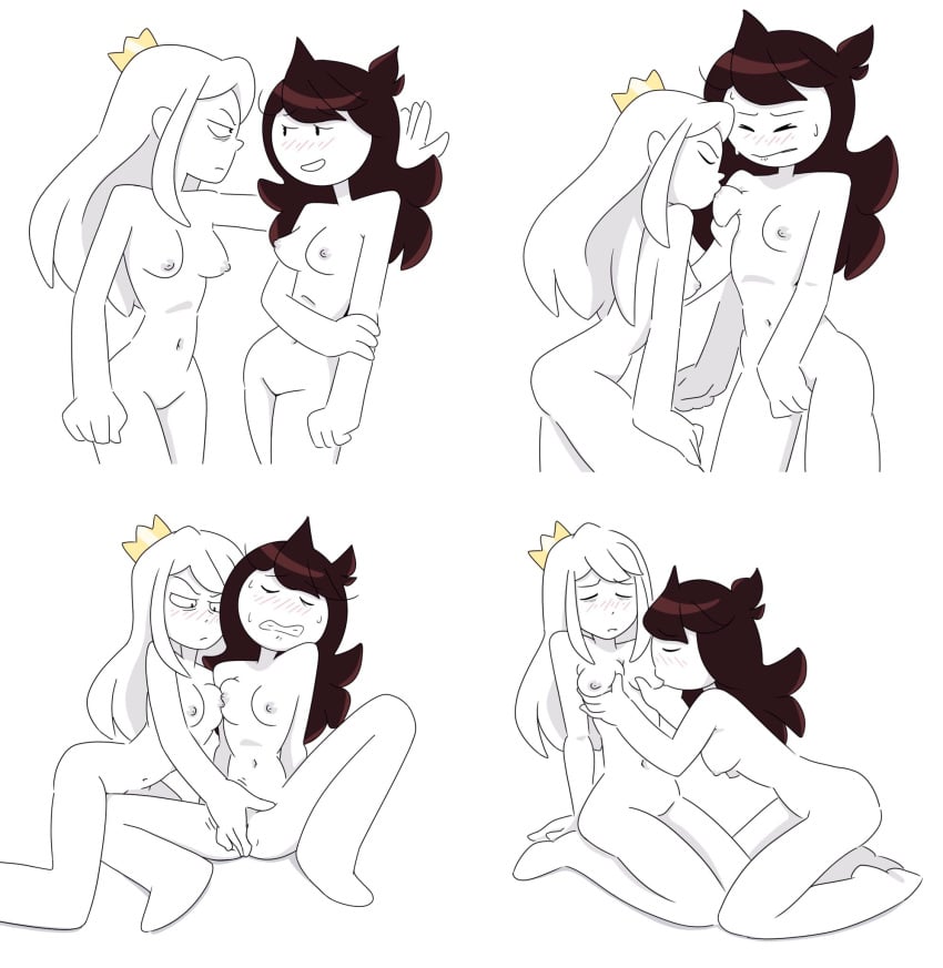 2girls blush breast_sucking brown_hair comic crown female female_only fingering jaiden jaiden_animations kabedon long_hair medium_breasts multiple_girls nipples shy tabbes thrumbo white_hair white_skin youtube youtuber yuri