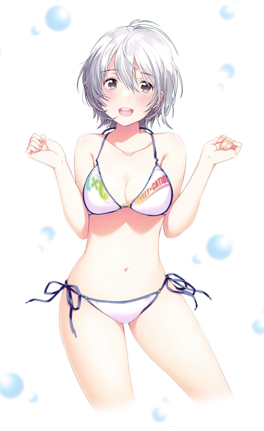 absurdres bare_legs bare_shoulders bikini blue_ribbon breasts bubble cleavage collarbone eyefly18 female green_eyes highres jaku-chara_tomozaki-kun kikuchi_fuuka looking_at_viewer medium_breasts pale_skin ribbon short_hair silver_hair swimsuit white_bikini