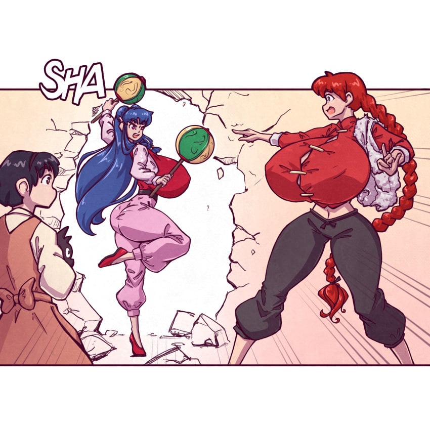 3girls akane_tendo alternate_breast_size amazon ass big_ass big_breasts braid breasts breasts_bigger_than_head broken_wall chinese_clothes cleavage color huge_breasts long_hair looking_at_another n647 p-chan pig pointing ranma-chan ranma_1/2 ranma_saotome red_hair rule_63 ryoga_hibiki scene_interpretation shampoo_(ranma_1/2) size_difference standing_on_one_leg straining_buttons surprised taller_girl thick_thighs thin_waist voluptuous wasp_waist