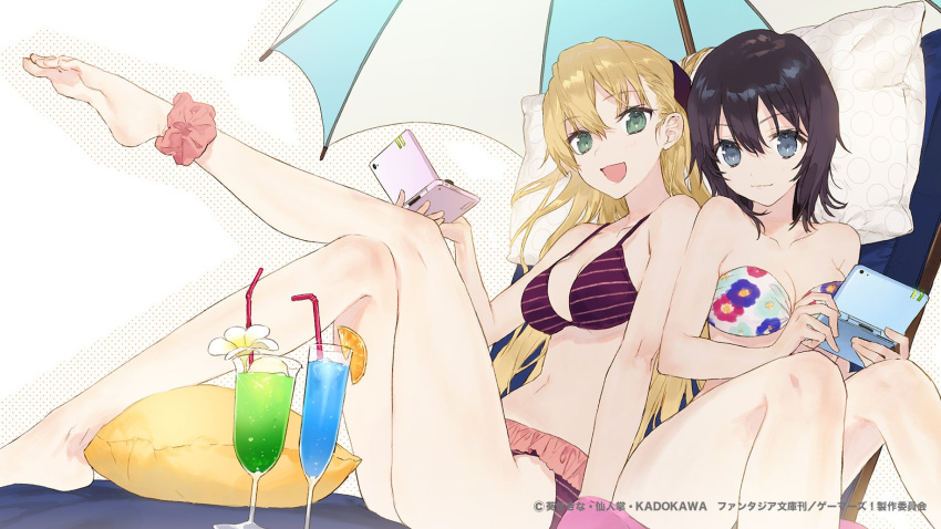 2girls :d ankle_scrunchie bandeau bare_legs bare_shoulders barefoot bikini black_hair blonde_hair blue_eyes closed_mouth drink drinking_straw electronics end_card floral_print food fruit game_console gamers! green_eyes hair_between_eyes halftone handheld_game_console highres hoshinomori_chiaki leg_up long_hair looking_at_viewer multiple_girls noco_(adamas) open_mouth orange orange_slice pink_scrunchie plantar_flexion print_bikini purple_bikini scrunchie short_hair sitting smile striped striped_bikini swimsuit tendou_karen watermark