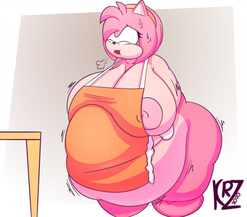 amy_rose anthro apron areolae bbw belly breasts breasts_exposed fat female female_focus female_only furry hedgehog hips nipples obese overweight overweight_female pink_fur sega smotrilla sonic_(series) sweat thick_thighs thighs wardrobe_malfunction