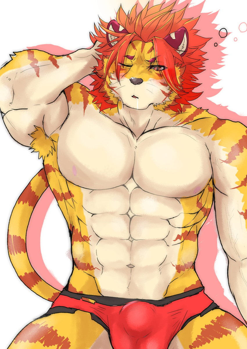 1boy abs absurdres anthro aschitail blush bulge felid furry genital_outline highres male male_only mammal muscular muscular_anthro muscular_male nipples nomad_(tokyo_afterschool_summoners) pantherine pecs penis_outline red_underwear solo testicles_outline tiger tokyo_afterschool_summoners underwear waking_up