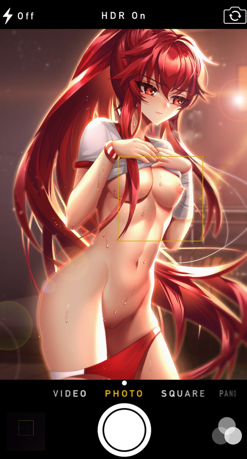 absurdres bangs been breasts buruma buruma_pull closed_mouth cowboy_shot elesis_(elsword) elsword eyebrows_visible_through_hair female floating_hair gym_storeroom gym_uniform hair_between_eyes highres indoors lens_flare lifted_by_self long_hair medium_breasts navel nipples pussy red_buruma red_eyes red_hair shiny shiny_hair shirt shirt_lift solo standing sweatdrop very_long_hair white_shirt