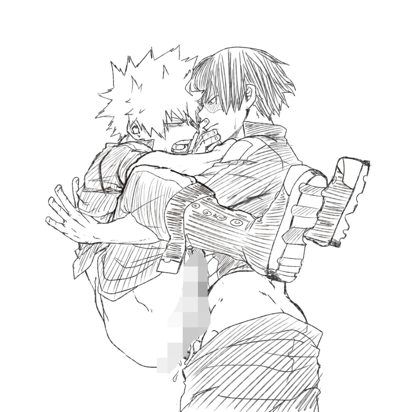 2boys against_wall anal boots burn_scar censored commentary dailykrumbs greyscale highres holding_another jacket katsuki_bakugou legs_up line_art long_sleeves looking_at_another male_focus monochrome mosaic_censoring multiple_boys my_hero_academia open_mouth pants pants_pull saliva scar sex shirt short_hair shouto_todoroki simple_background teeth white_background yaoi