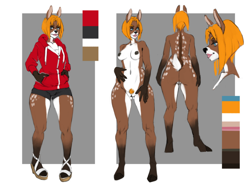 2020 anthro applebottom_family ass black_nose blue_eyes bottomwear breasts brown_body brown_fur brown_nipples cervid cervine clothing color_swatch didihell female footwear front_view fur genitals gwen_applebottom hair hi_res hollandworks hoodie hooves lips looking_at_viewer mammal model_sheet nails navel nipples orange_hair pink_lips pubes pussy rear_view sandals short_hair shorts smile solo spots topwear white_body white_fur