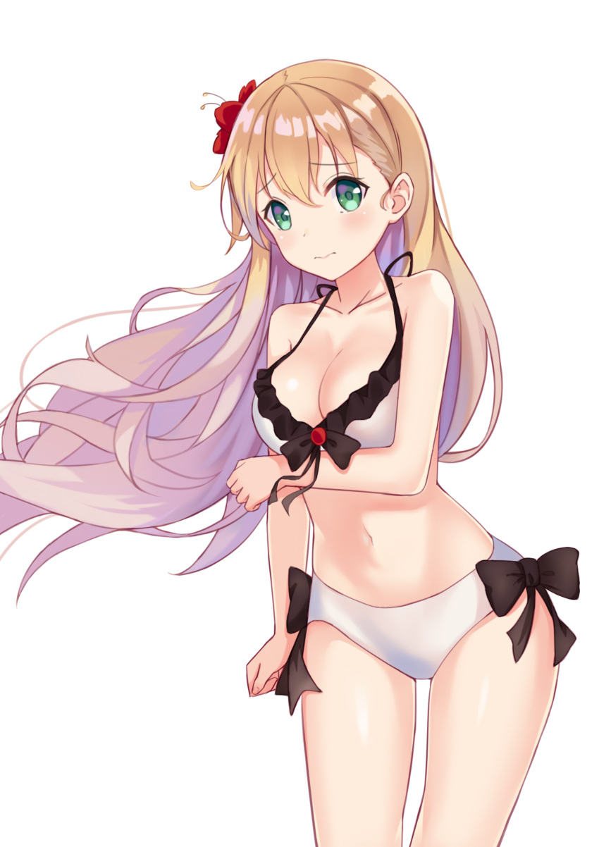 absurdres bikini blonde_hair blush breast_hold breasts cleavage female flower full_body gamers! green_eyes hair_flower hair_ornament highres long_hair looking_at_viewer medium_breasts navel solo standing swimsuit tendou_karen white_bikini yukiyaii