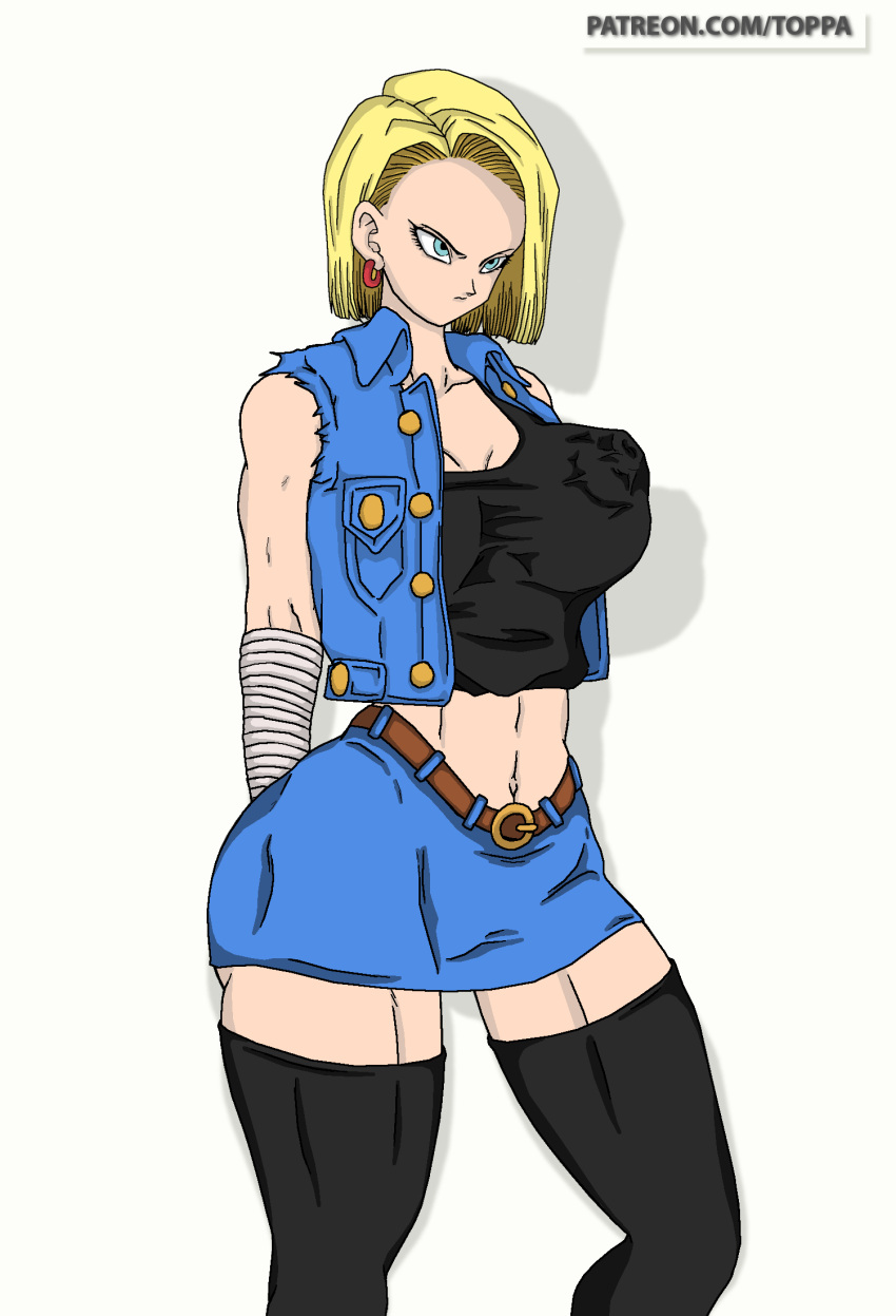 android_18 bandage belly_button belt big_ass big_breasts big_butt big_nipples blonde_hair clothed dragon_ball dragon_ball_z female female_only huge_ass huge_butt huge_nipples jacket large_breasts massive_ass massive_butt skirt stockings top toppa