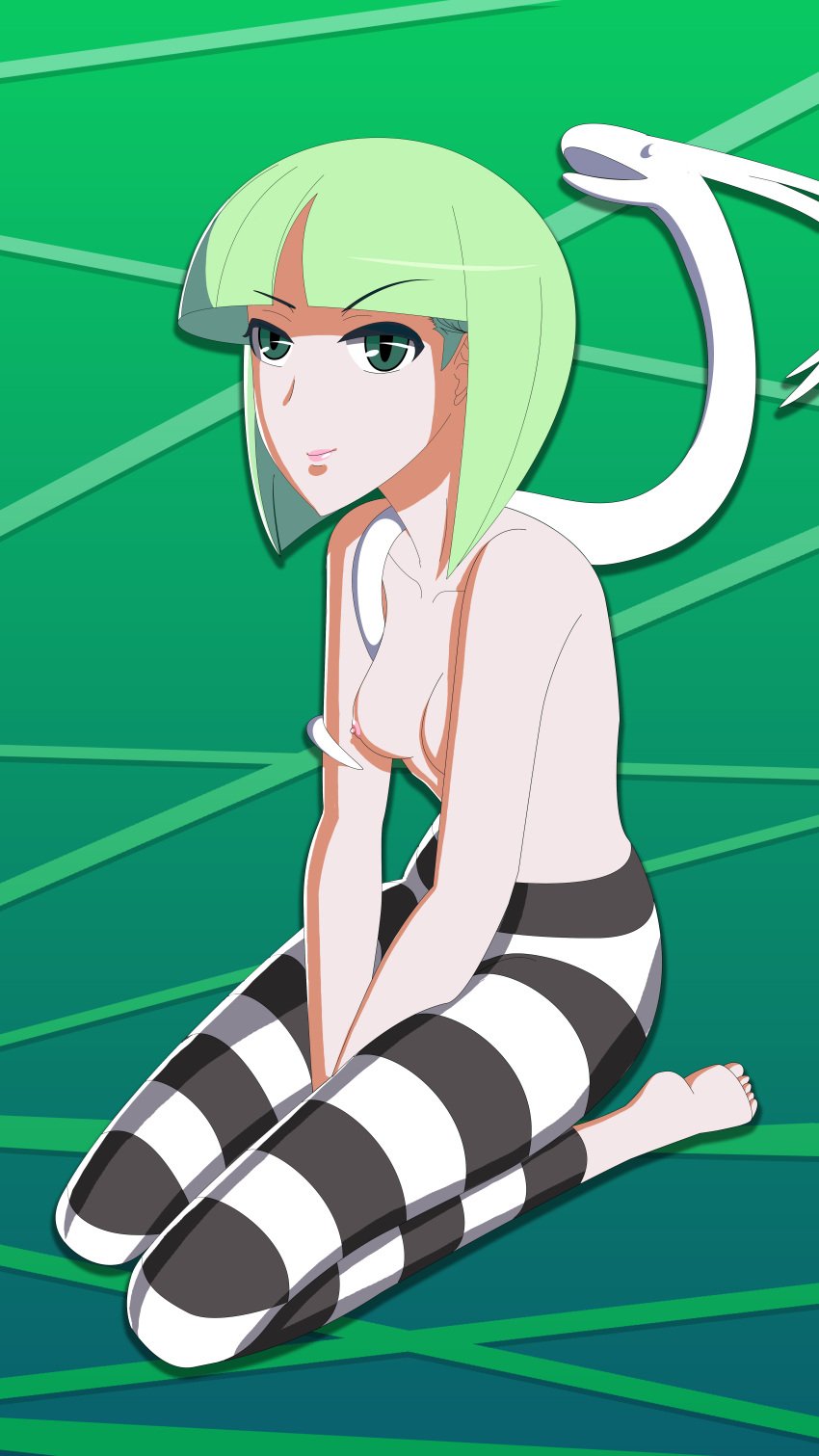 1girls breasts female female_only green_eyes green_hair hands_between_legs kneeling nipples phonon pixzuri small_breasts smiling snake solo solo_focus straight striped_legwear tights topless under_night_in-birth