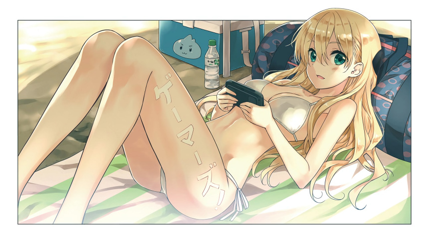 bag bikini blanket blonde_hair bottle cooler copyright_name duffel_bag end_card female gamers! green_eyes highres koin_(foxmark) playing_games side-tie_bikini string_bikini swimsuit tendou_karen water_bottle