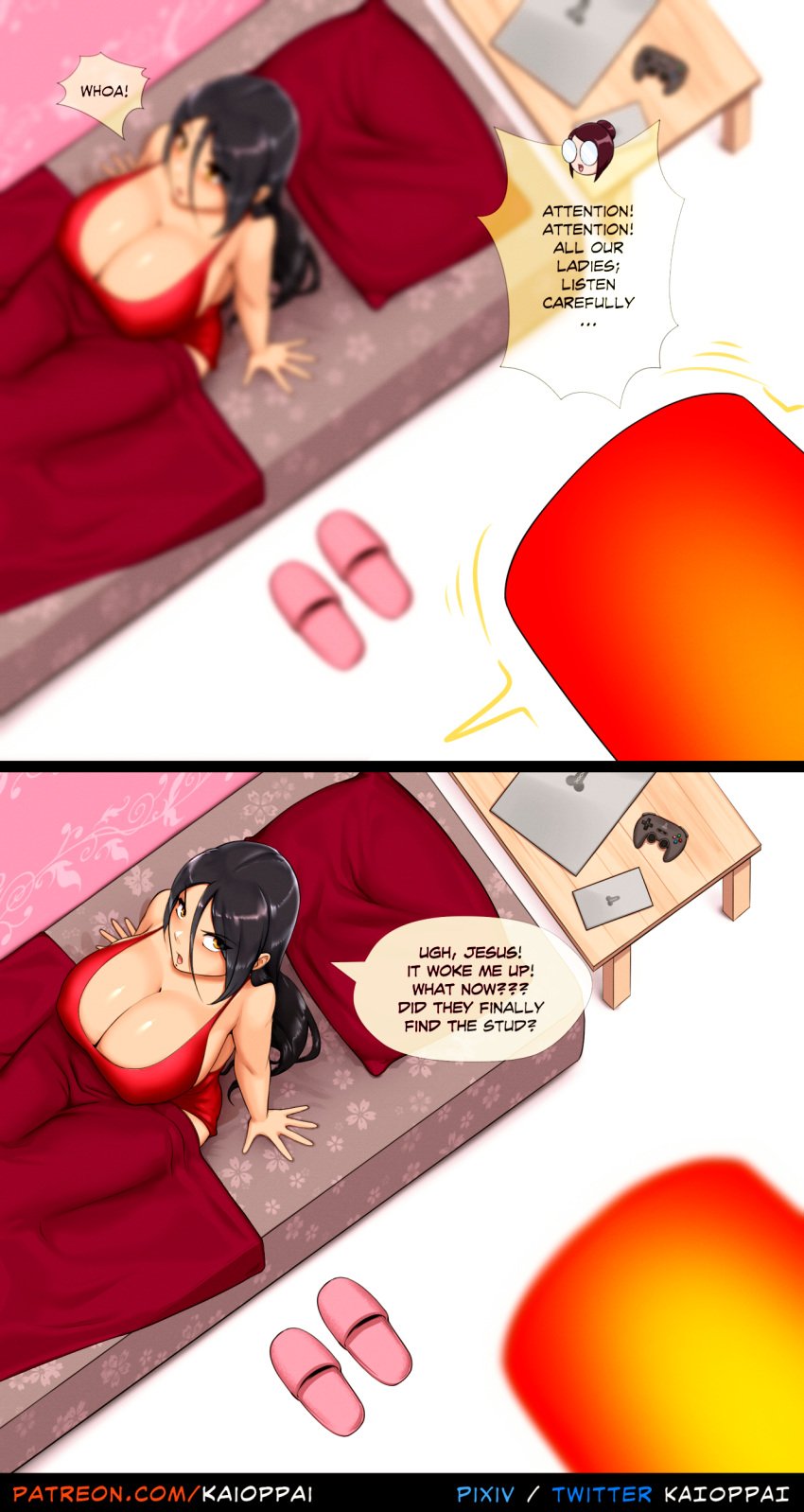 bed black_hair cleavage colored comic female female_only highres huge_breasts kaioppai long_hair text top_view