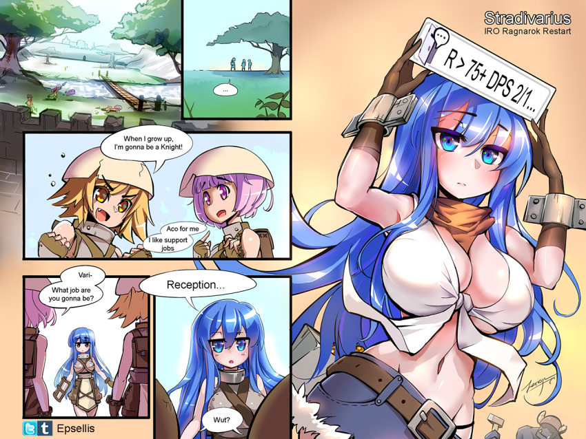 bare_midriff big_breasts blue_eyes blue_hair breasts cleavage comic english_text humor panels ragnarok_online speech_bubble tagme zerion