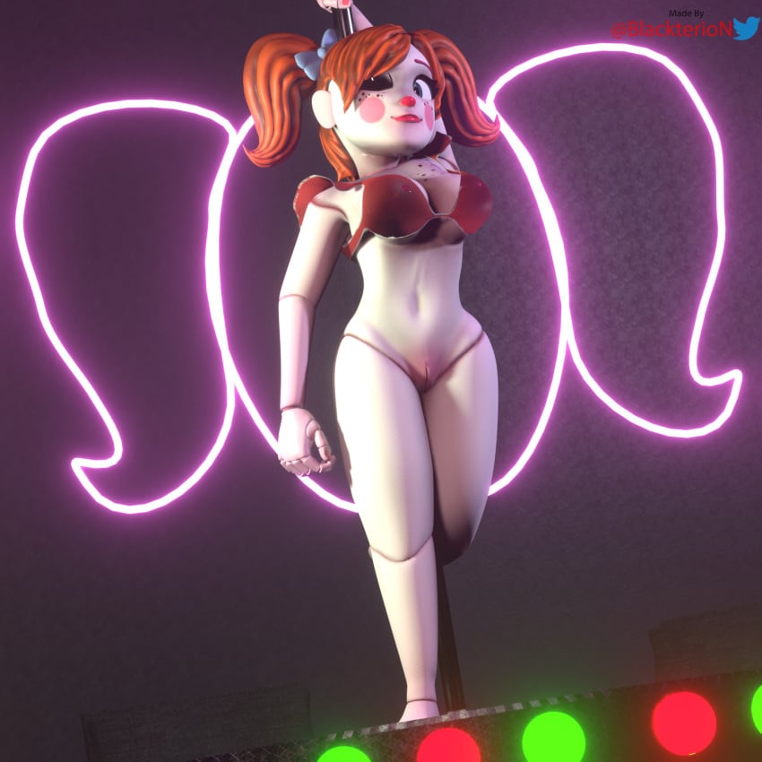 3d baby_(fnafsl) blackterio blender_(software) blinking blue_eyes circus_baby circus_baby_(fnaf) five_nights_at_freddy's five_nights_at_freddy's:_sister_location jailbait_knight looking_at_viewer neon_lights pole pole_dancer pole_dancing poledancer red_hair sister_location solo stage striptease underwear white_body