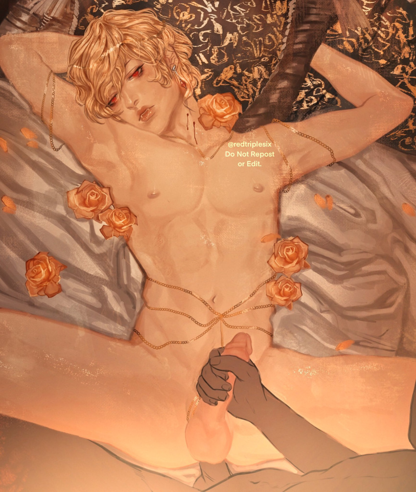 2boys anal_penetration bite_mark bleeding blonde_hair dark-skinned_male dio_brando earrings erect_nipples erection gay gold_chains handjob handjob_while_penetrating head_out_of_frame holding_penis human human_only jojo's_bizarre_adventure male male/male male_on_male male_only missionary_position phantom_blood red_eyes redtriplesix roses sensual sitting_bull_position spread_legs