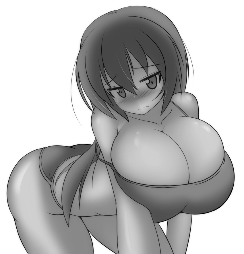 1girls big_breasts blush breasts cleavage long_hair monochrome moralgear original original_character presenting_breasts solo swimsuit tagme