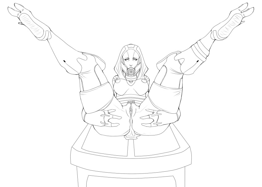 ass bodysuit breasts cum cum_in_pussy cum_pool exposed_breasts holding_ass hood laying_on_table legs_held_open legs_spread legs_up line_art looking_at_viewer mask mass_effect pussy quarian skintight_bodysuit teqa thick_ass thick_thighs thighhighs thighs