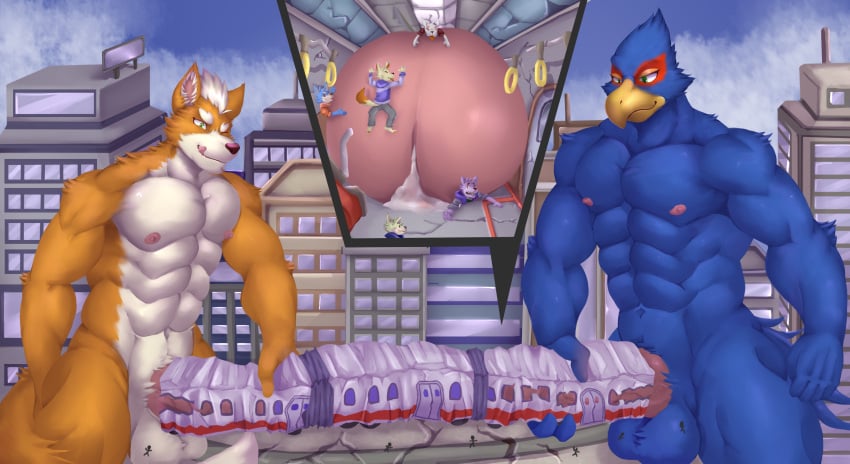 absurd_res anthro avian balls bird bodily_fluids canid canine city destruction erection falco_lombardi fox fox_mccloud genital_fluids genitals hi_res internal macro male male_only mammal masturbation nintendo penetrable_sex_toy penetrationtrain penis precum sex_toy soliscanis star_fox video_games worship