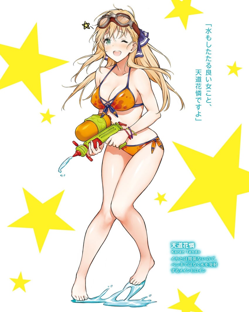 ;d barefoot bikini blonde_hair blush breasts character_name cleavage collarbone female floating_hair full_body gamers! goggles goggles_on_head green_eyes highres holding holding_water_gun holding_weapon long_hair medium_breasts novel_illustration official_art one_eye_closed open_mouth orange_bikini print_bikini saboten shiny shiny_skin side-tie_bikini smile solo standing star_(symbol) starry_background swimsuit tendou_karen water_gun weapon white_background