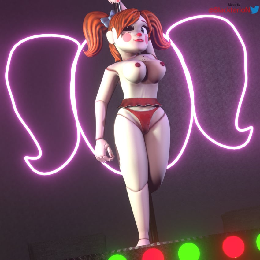 3d baby_(fnafsl) blackterio blender_(software) blinking blue_eyes circus_baby circus_baby_(fnaf) five_nights_at_freddy's five_nights_at_freddy's:_sister_location jailbait_knight looking_at_viewer neon_lights pole pole_dancer pole_dancing poledancer red_hair sister_location stage striptease underwear white_body