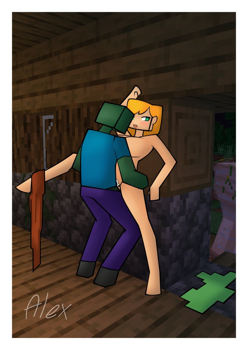 1boy 1girls 2d against_wall alex_(minecraft) big_breasts blush bottomless breasts cum cum_in_pussy cum_inside digital_drawing_(artwork) digital_media_(artwork) female female_penetrated femsub green_eyes heart interspecies iron_golem_(minecraft) leg_lift male male/female male_penetrating maledom minecraft monster nude sex stealth_sex tagme vaginal_penetration vaginal_sex zombie_(minecraft)