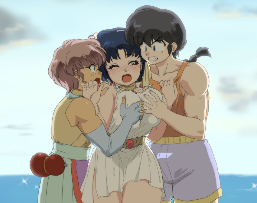 1girls 2boys akane_tendo annoyed biceps big_breasts black_hair blue_eyes blush blushing bottomwear breast_grab breasts brown_eyes brown_hair clothed clothes clothing color dark_hair embarrassed female female_focus grabbing hand_on_breast long_hair_male mage_(harumagedon) male multiple_boys multiple_males muscle muscles muscular muscular_male ocean outdoors outside pleasure_face ponytail prince_toma ranma-kun ranma_1/2 ranma_saotome short_dress short_hair shorts size_difference solo_female straight tank_top topwear water