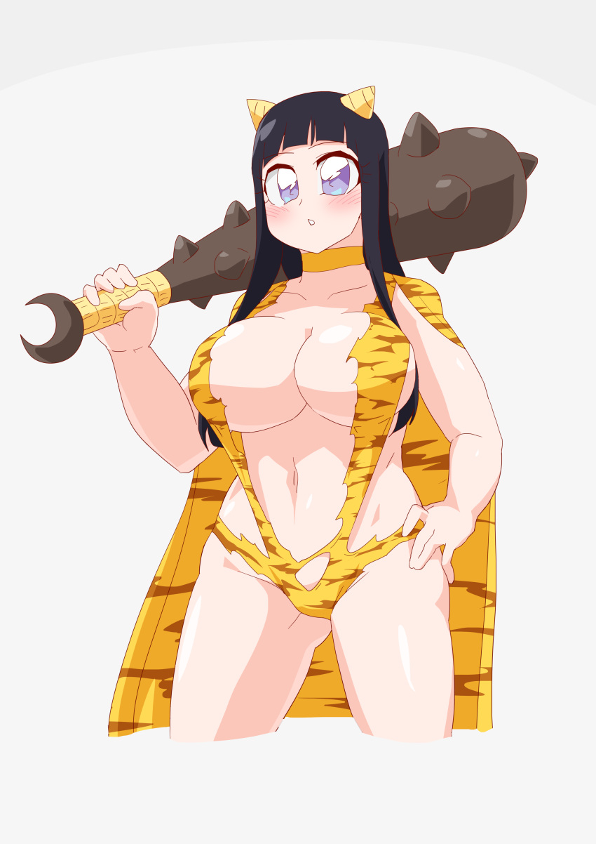 big_breasts black_hair blue_eyes cape cavewoman choker club cosplay covered_nipples covered_pussy curvy hand_on_hip holding_object horns kamen_rider kamen_rider_zi-o_(series) long_hair oni oni_horns open_mouth otokam1117 tattered_clothing thick_thighs tiger_print tsukuyomi_(kamen_rider_zi-o) weapon weapon_over_shoulder white_background