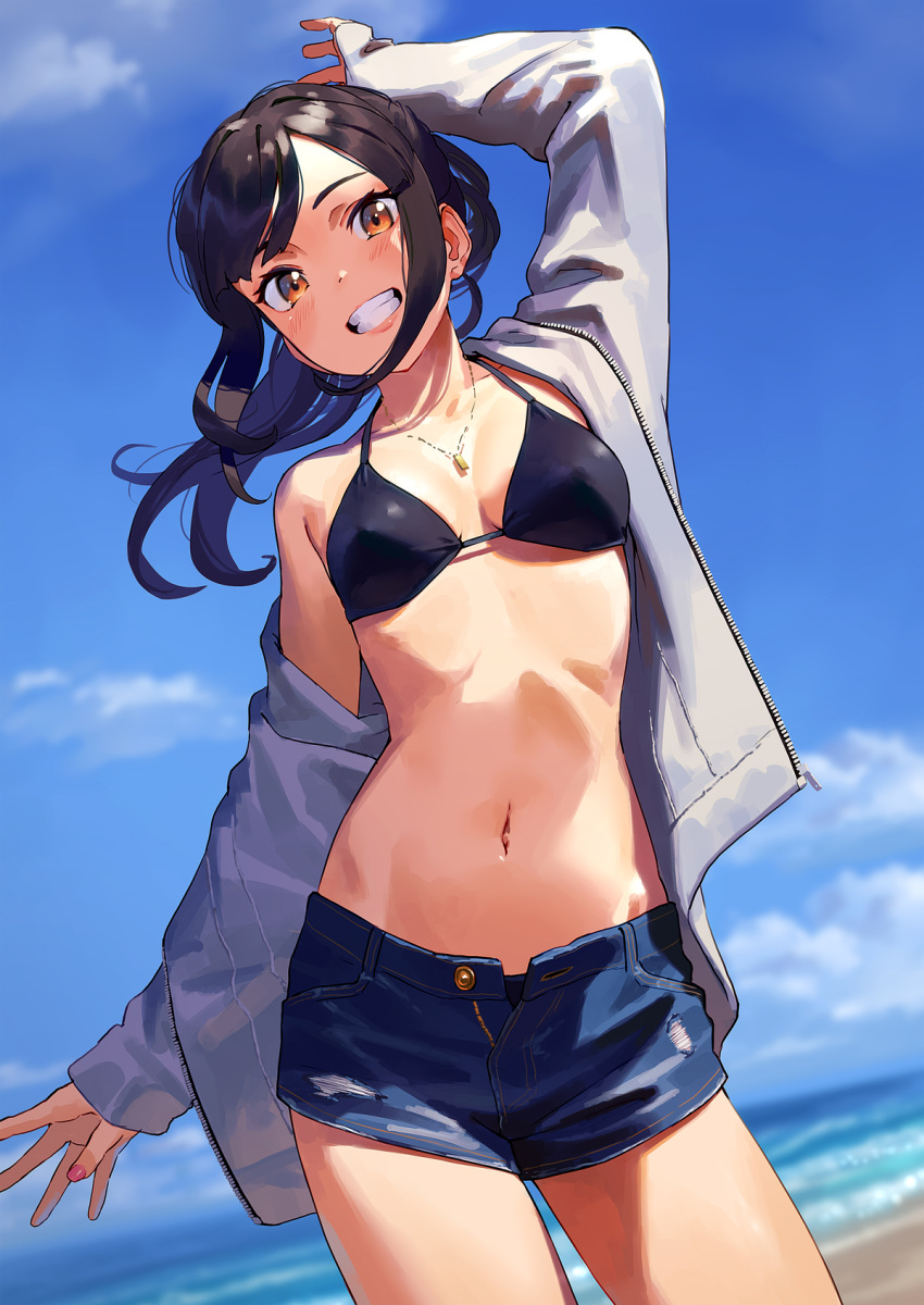 1girls beach bikini bikini_top black_bikini black_hair blue_sky blush breasts clothing cowboy_shot denim denim_shorts female female_focus female_only front_view highres jacket jacket_off_one_shoulder jewelry kinta_(distortion) long_hair looking_at_viewer medium_breasts midriff navel necklace nipple_bulge ocean open_mouth original pale-skinned_female pale_skin partially_clothed revealing_clothes short_shorts shorts slim smile solo solo_female stomach swimsuit thighs toned toned_female unzipped yellow_eyes