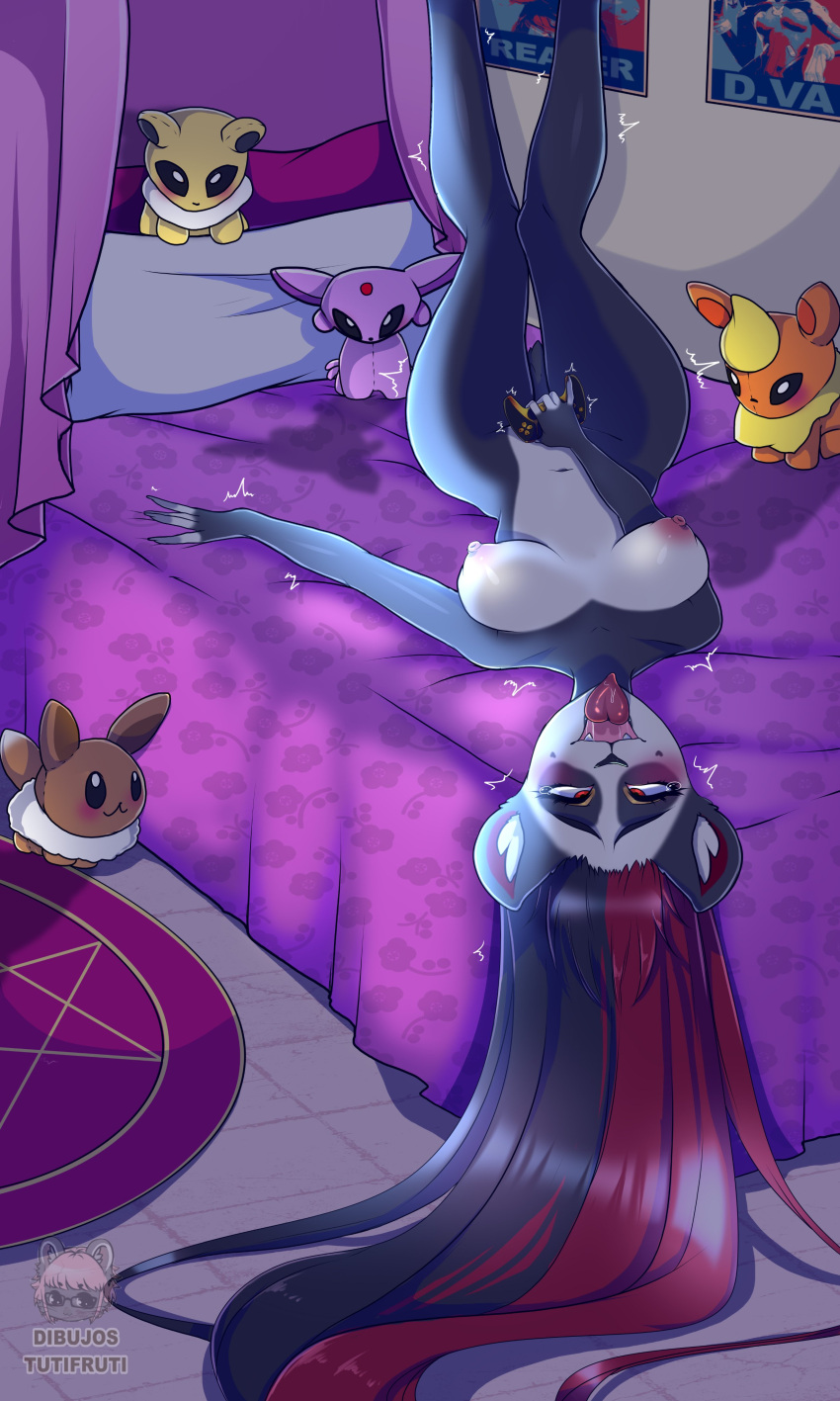 absurd_res anthro bed big_breasts breasts eevee eeveelution espeon female flareon furniture giant_panda hi_res jolteon looking_pleasured mammal masturbation nintendo nude plushie pokémon_(species) pokemon pokemon_(species) solo tongue tongue_out tutifruti_(artist) ursid video_games