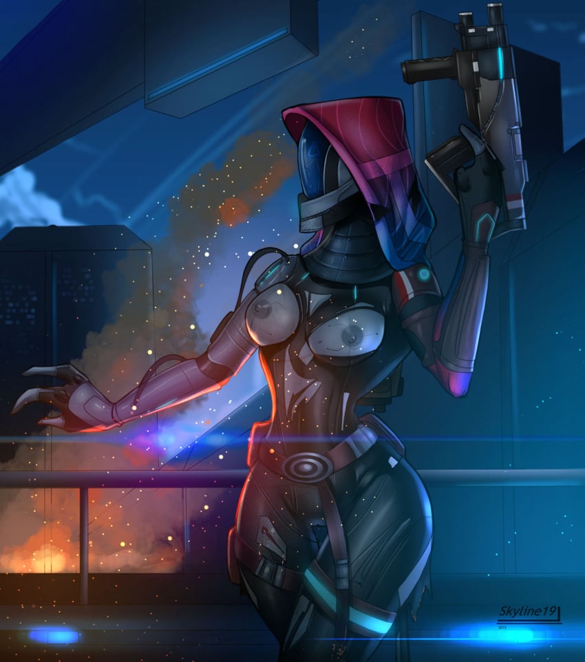 bodysuit breasts cameltoe gun hood mask mass_effect quarian ripped_bodysuit ripped_clothing skintight_bodysuit skyline19 tali'zorah_nar_rayya teqa thick_thighs thigh_gap thighs