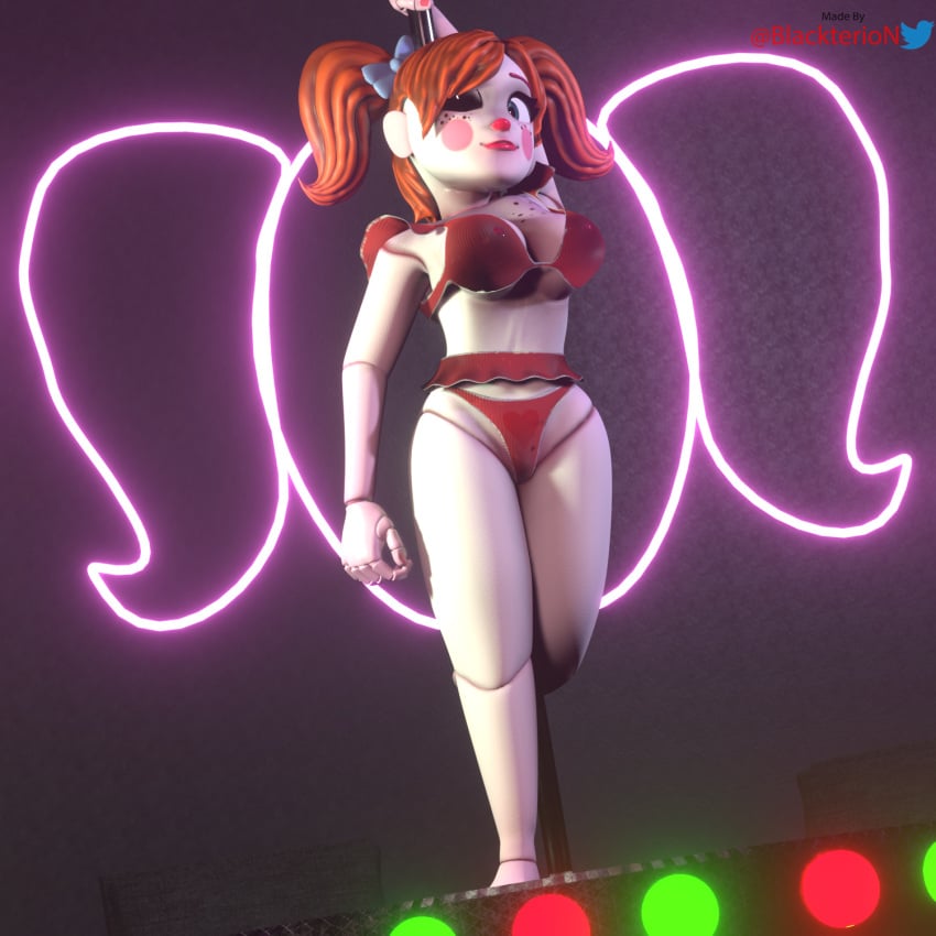 3d baby_(fnafsl) blackterio blender_(software) blinking blue_eyes circus_baby circus_baby_(fnaf) five_nights_at_freddy's five_nights_at_freddy's:_sister_location jailbait_knight looking_at_viewer neon_lights pole pole_dancer pole_dancing poledancer red_hair sister_location solo stage striptease underwear white_body