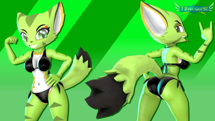 3d 3d_(artwork) anthro ass big_breasts black_bikini black_bikini_bottom black_bikini_top carol_tea feline feline female female_protagonist freedom_planet green_eyes green_fur hand_sign looking_at_viewer looking_back nipple_bulge smile source_filmmaker striped_body striped_fur stripes tail tbwinger92 tongue tongue_out video_games wildcat