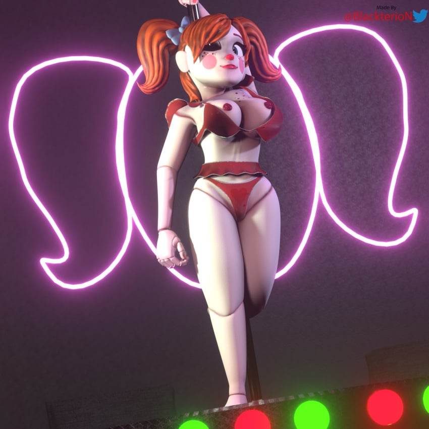 3d baby_(fnafsl) blackterio blender_(software) blinking blue_eyes circus_baby circus_baby_(fnaf) five_nights_at_freddy's five_nights_at_freddy's:_sister_location jailbait_knight looking_at_viewer neon_lights pole pole_dancer pole_dancing poledancer red_hair sister_location solo stage striptease underwear white_body