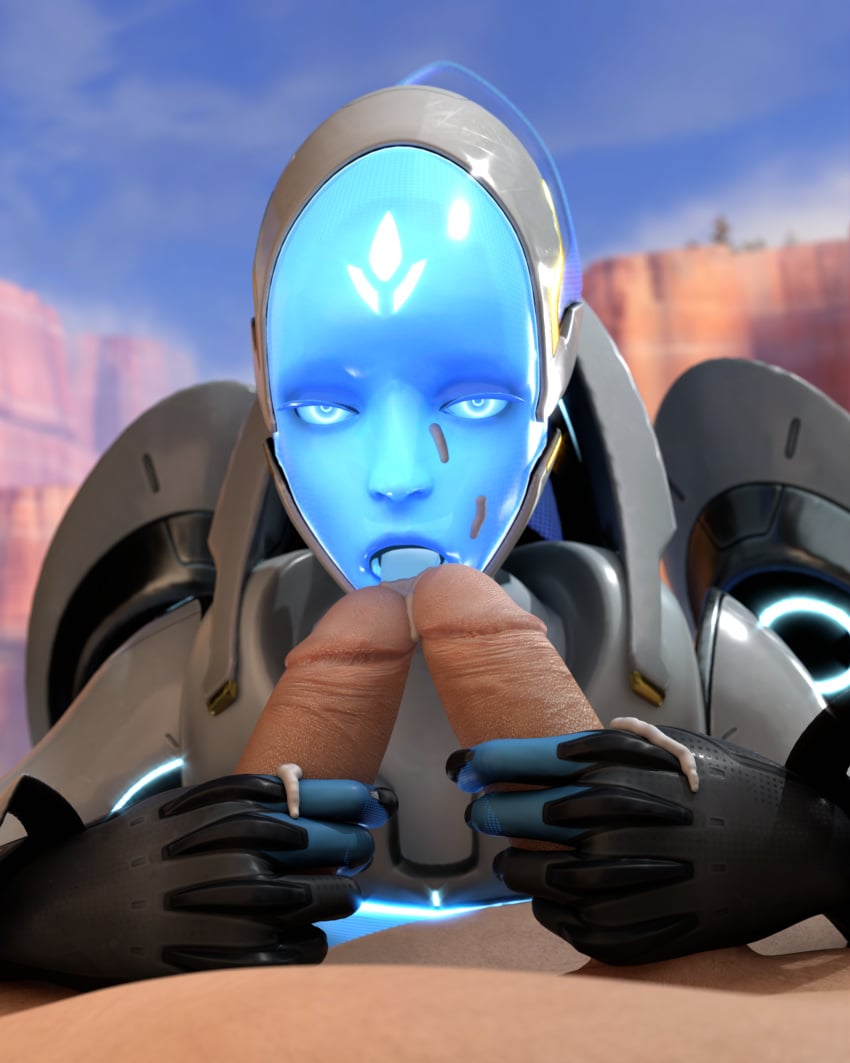 1girls 2boys 3d blender blizzard_entertainment blowjob cum cum_in_face cum_in_hands cum_in_mouth echo_(overwatch) female fjvnb handjob licking licking_cum licking_penis looking_at_viewer male male/female omnic oral oral_sex overwatch robot robot_girl straight unseen_male_face