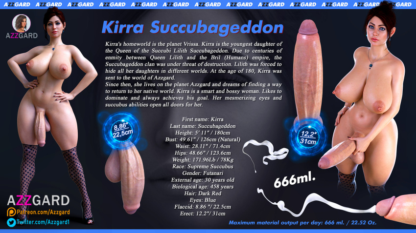 1futa 3d areolae azzgard balls breasts character_sheet cum cumshot curvy ejaculation erect_nipples erection flaccid futa_only futa_sans_pussy futanari high_heels huge_breasts huge_cock huge_penis kirra_succubageddon large_balls naked_footwear naked_heels naked_stockings naked_thighhighs nipples nude penis solo stockings succubus testicles text thighhighs wide_hips