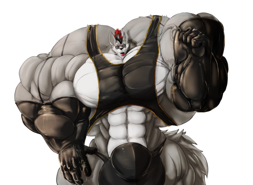 2016 5_fingers alpha_channel anthro armwear balls big_balls big_bulge big_muscles big_penis bulge canid canine canis clothing elbow_gloves eyewear fierglief fingers flexing genitals glasses gloves hair hand_on_hip handwear hi_res huge_balls huge_bulge huge_cock huge_muscles hyper hyper_balls hyper_bulge hyper_genitalia hyper_muscles hyper_penis looking_at_viewer male mammal multicolored_hair muscular open_mouth penis red_eyes sharp_teeth simple_background smile solo swaggy sweatshirt teeth transparent_background underwear veiny_muscles wolf