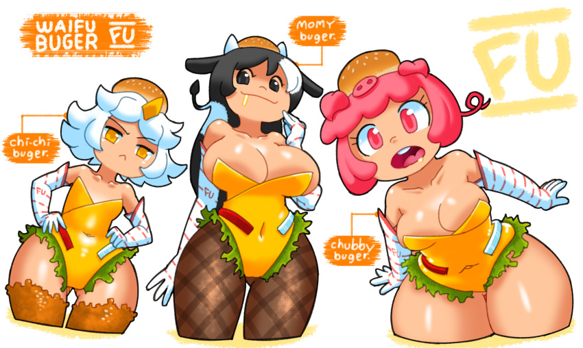 3girls big_breasts black_hair breasts burger burger_lingerie bursting_breasts cheese chi-chi_burger chicken chubby_burger cleavage clothing costume cow_ears cow_girl curious dialogue drooling female female_only flat_chest hamburger hands_on_hips horns long_ears looking_at_viewer looking_down minus8 momy_burger multiple_girls original pantyhose pig pink_hair salad shiny shiny_skin tagme text thick_thighs thighhighs thighs waifu_burger white_hair