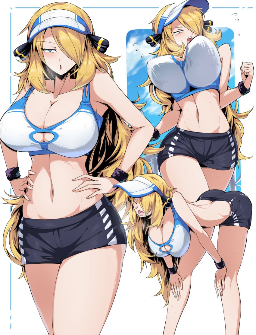 1girls 2021 bare_midriff bare_thighs bent_over big_breasts blonde_hair blue_eyes booty_shorts breasts champion cleavage cynthia_(pokemon) female female_only fit_female horny human jiggle jogging long_hair midriff nintendo only_female open_mouth pokemon pokemon_dppt shorts solo solo_female sports_bra sportswear suzusiigasuki sweat thighs visor white_background white_skin